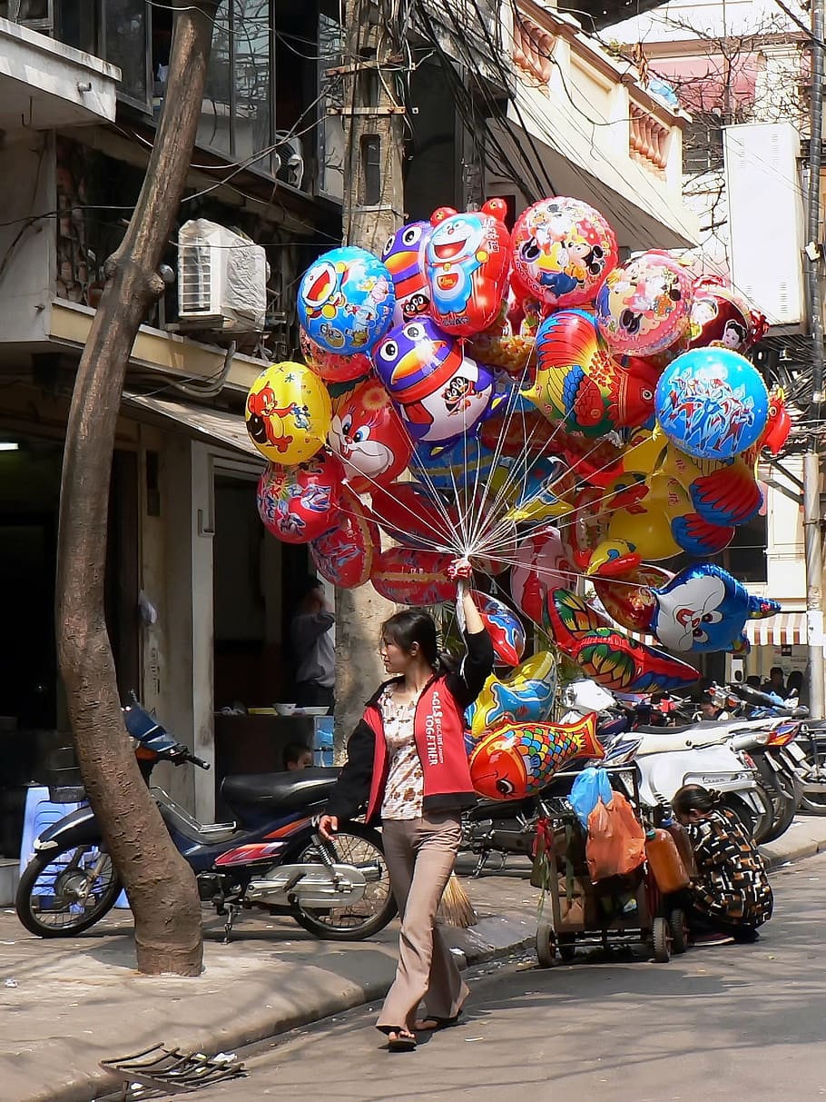 viet nam, hanoi, balloons, saleswoman, scene, street, cultures, HD wallpaper