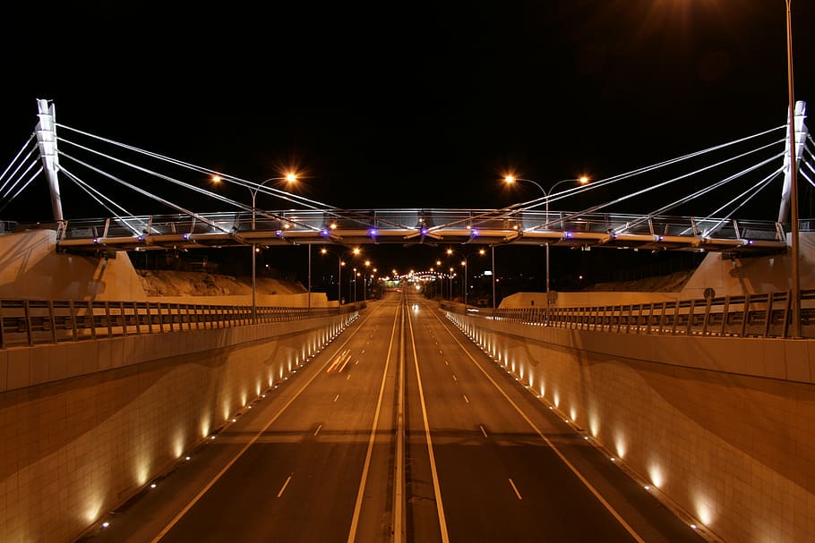 highway, road, night, lights, bridge, transportation, bridge - Man Made Structure HD wallpaper