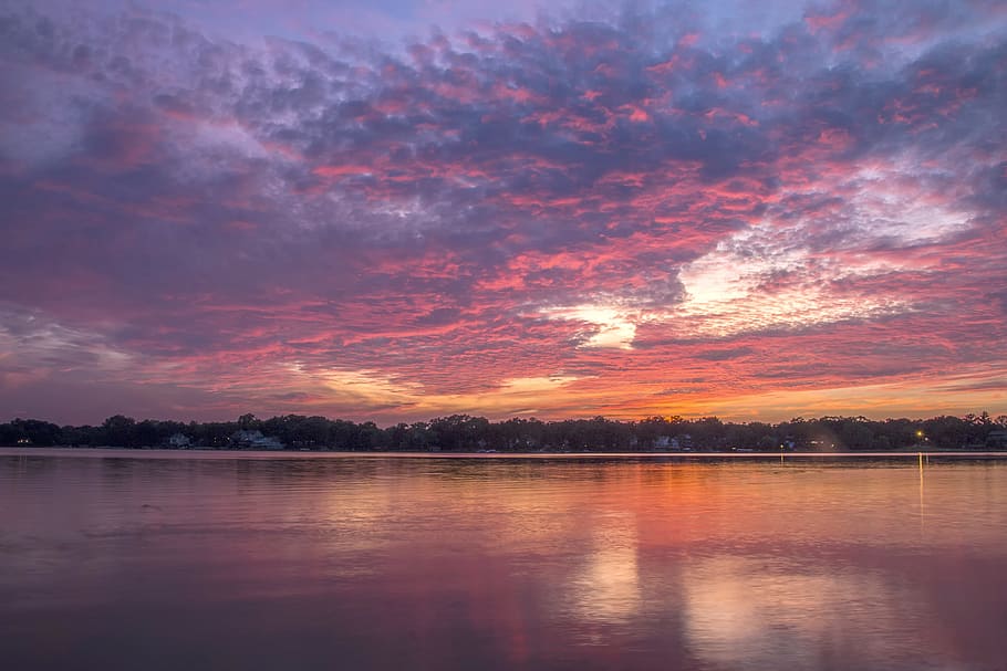 sunset, water, landscape, sky, dramatic, evening, lake, cloud - sky HD wallpaper