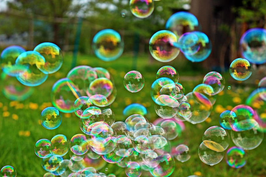 bubbles on grass field, Spring, Soap Bubble, Meadow, Dandelion