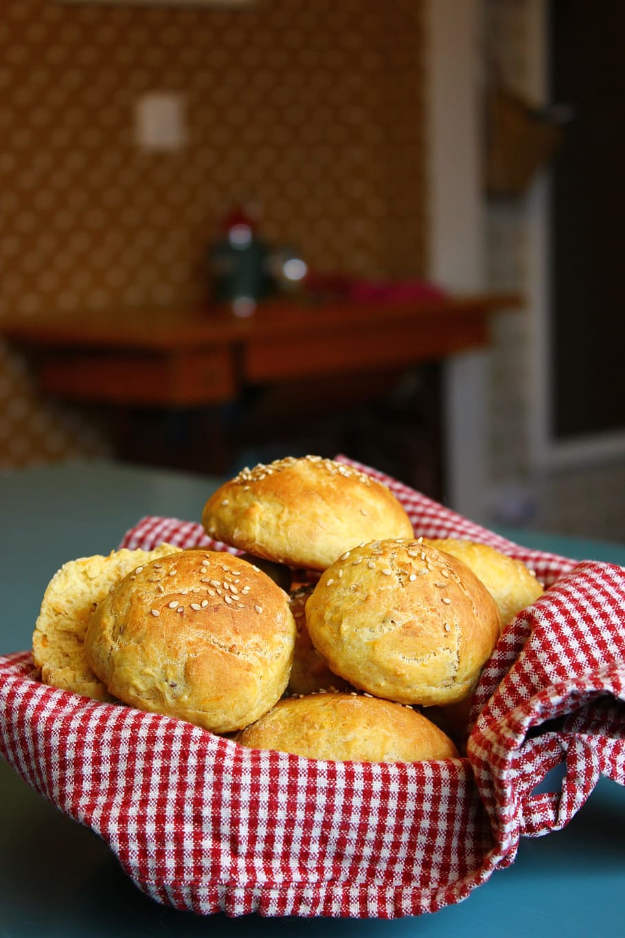 bread, bread basket, home, baking, checkered, food, food and drink HD wallpaper