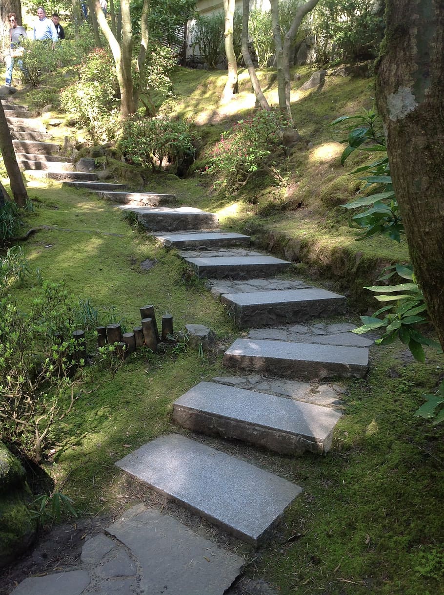 portland japanese garden, stairs, stone, path, botanical, oregon, HD wallpaper