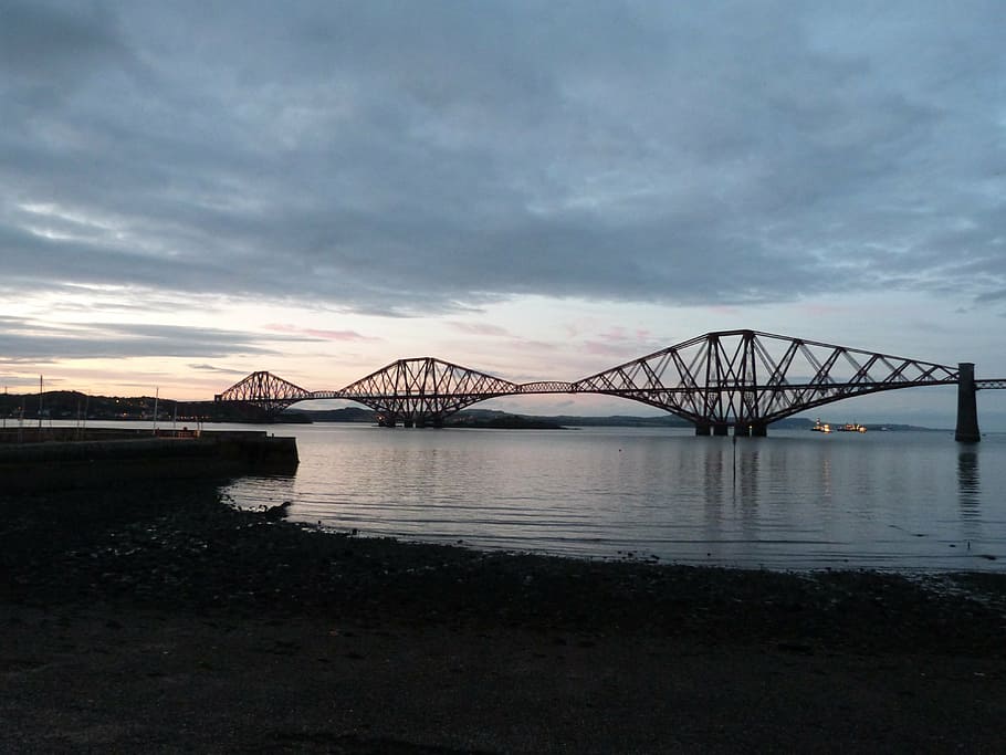forth road railway bridge, scotland, dusk, steel, metal frame, HD wallpaper