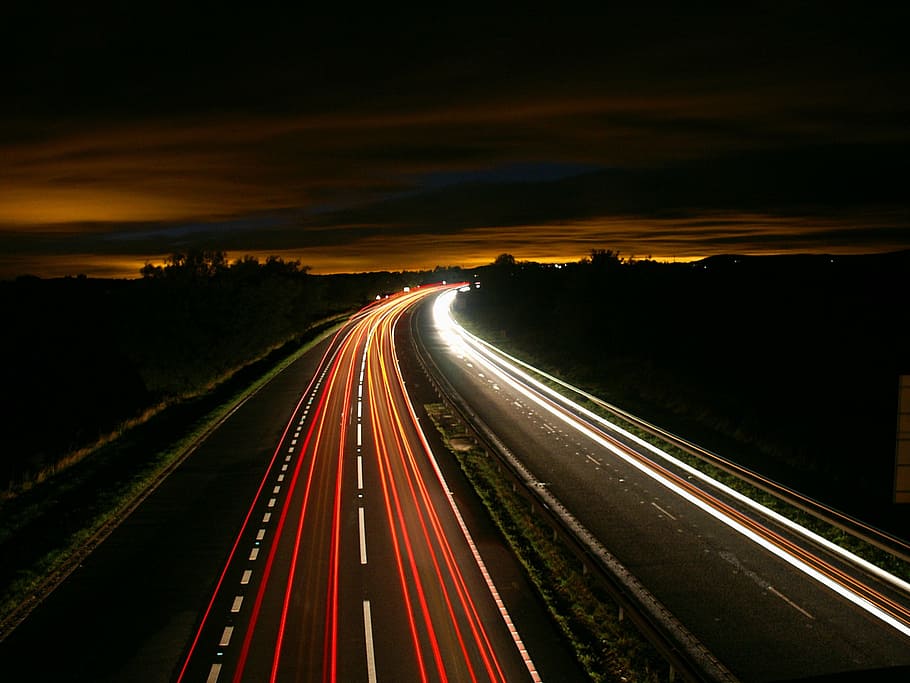 black and orange asphalt road, highway, night, traffic, light HD wallpaper