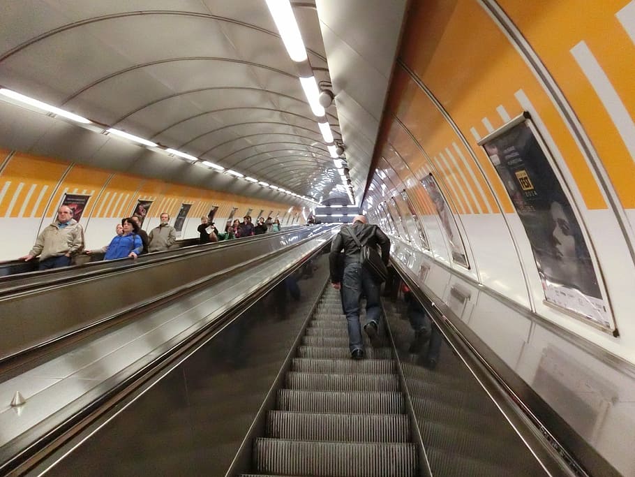 prague, metro, escalator, group of people, transportation, real people HD wallpaper