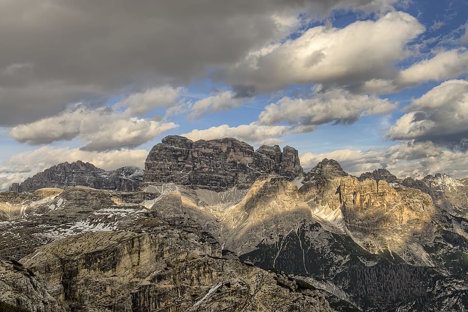 landscape photography of snow covered mountain, rocky mountain taken under cloudy sky HD wallpaper
