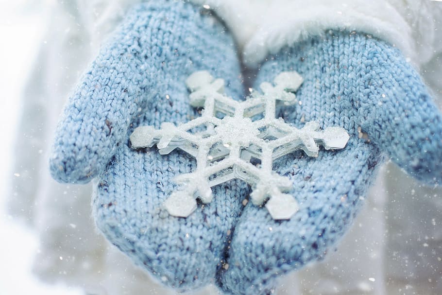 pair of blue knitted gloves, snow, winter, mittens, snowflake