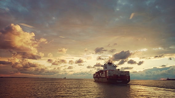 red and white cargo ship, sea, sunset, clouds, water, evening sun HD wallpaper
