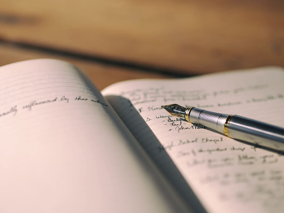 silver-colored fountain pen, notebook, notes, writing, writing instrument HD wallpaper