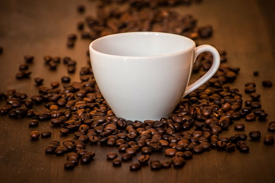 white ceramic cup surrounded of coffee beans, coffee cup, cafe HD wallpaper