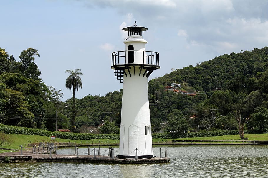 lighthouse, lighting, warning danger, tree, water, sky, plant HD wallpaper