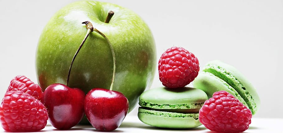 red cherry, craspberry, and Granny Smith apple, raspberries HD wallpaper