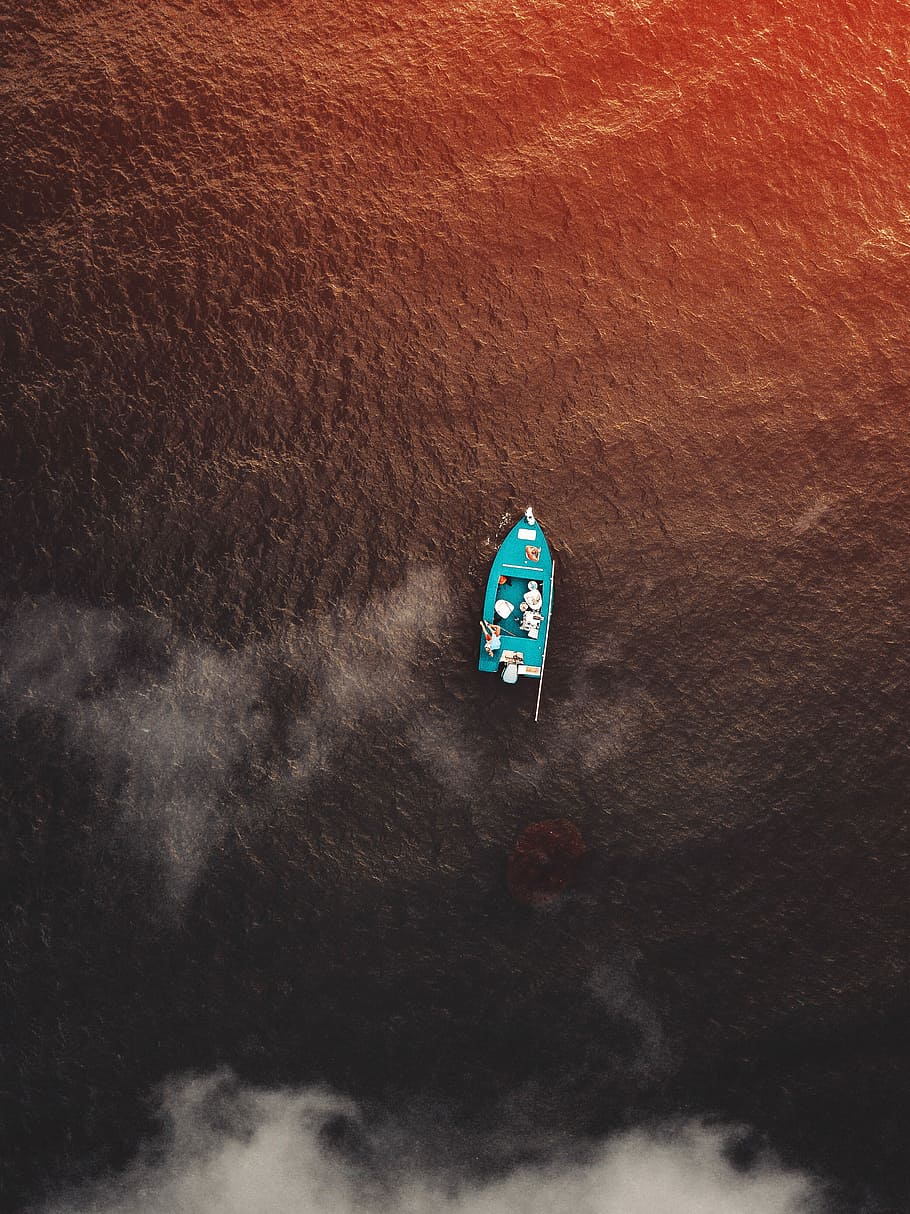 aerial view of green boat on sea at daytime, aerial view of teal outboard boat in body of water HD wallpaper