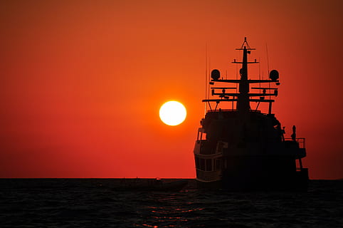 silhouette photo of ship, sunset, summer, sea, horizon, greece HD wallpaper