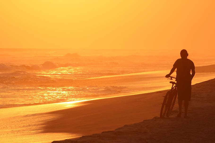 sunset, beach, water, sea, one person, sky, silhouette, land HD wallpaper