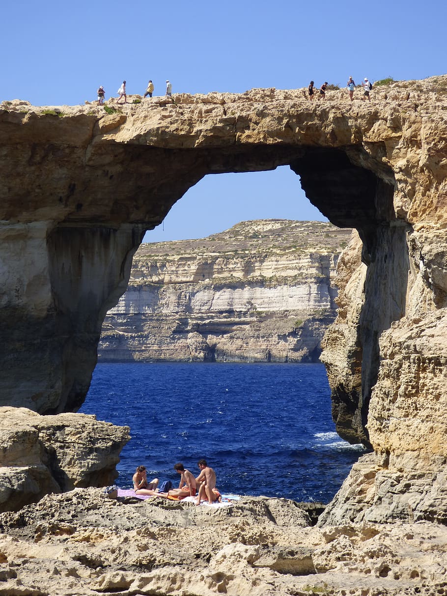 rocks, arch, azure, window, landscape, malta, landmark, natural HD wallpaper