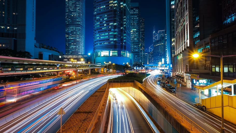 time lapse photography of city highway, hong kong, urban, skyscrapers, HD wallpaper