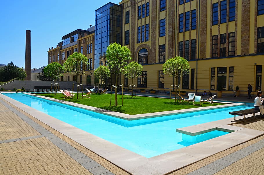 office building, budapest, hungary, dorothy, swimming pool, HD wallpaper