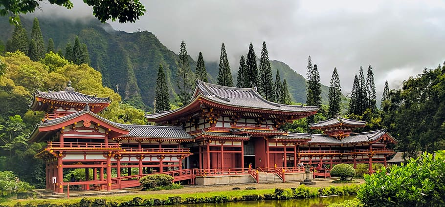 Byodo-Inn Temple, red castle beside green moutains, architecture HD wallpaper