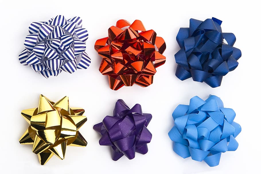 six assorted ribbons with white background, bow, holiday, silver HD wallpaper