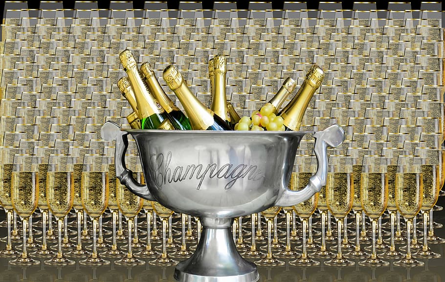 gray Champagne cup with champagne bottles, drink, celebrate, glasses, HD wallpaper