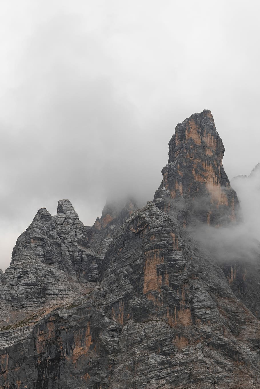 brown mountain, aerial photography of foggy mountain, cloud, peak HD wallpaper
