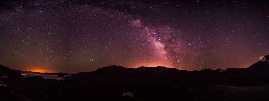 silhouette photo of tree, silhouette of mountain during night time HD wallpaper