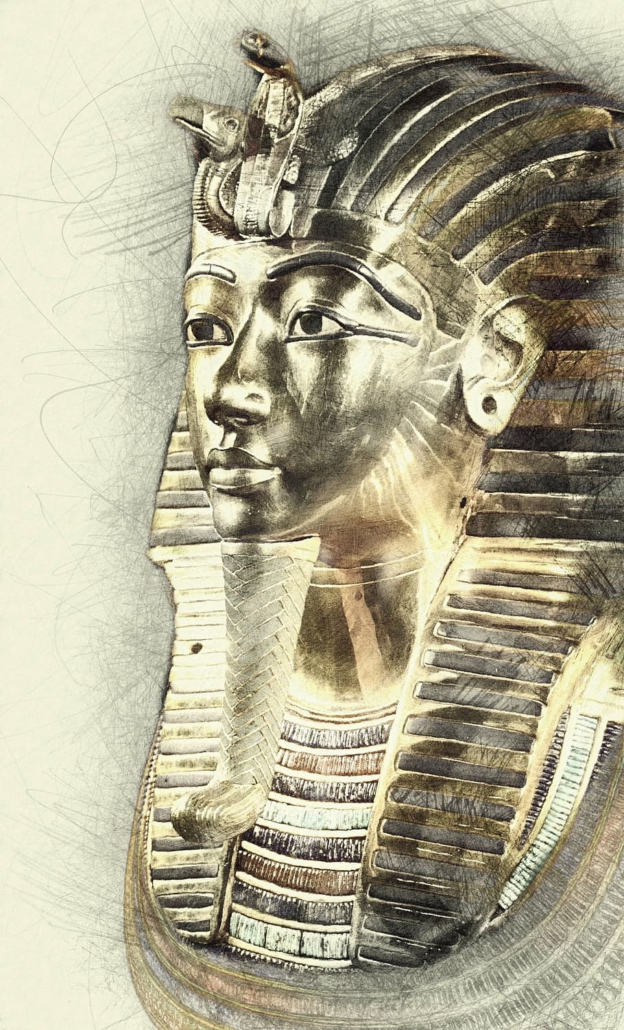 Egyptian pencil sketch, tutankhamun, death mask, statue, ancient