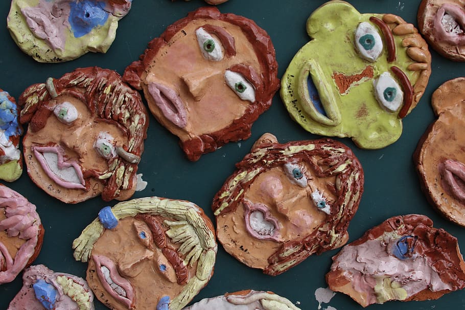 pottery, faces, scowles, smiling, eyes, mouth, food, food and drink HD wallpaper