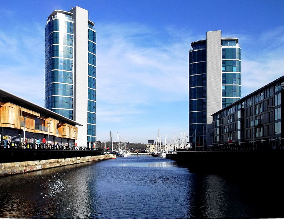 Water, Buildings, Highrise, Architecture, blue, clouds, sky