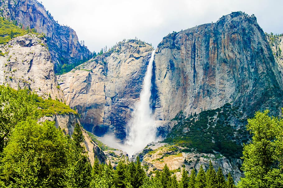 rocky mountain with waterfalls at daytime, yosemite, california