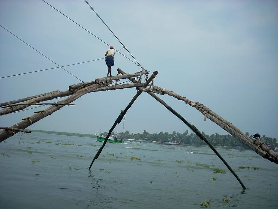 kochi, fishing, nets, kerala, chinese, water, ocean, travel, HD wallpaper