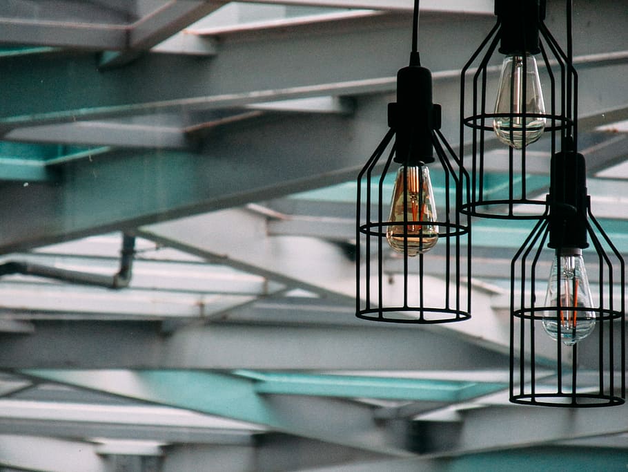 close-up photography of pendant lamps, interior design, light bulb HD wallpaper