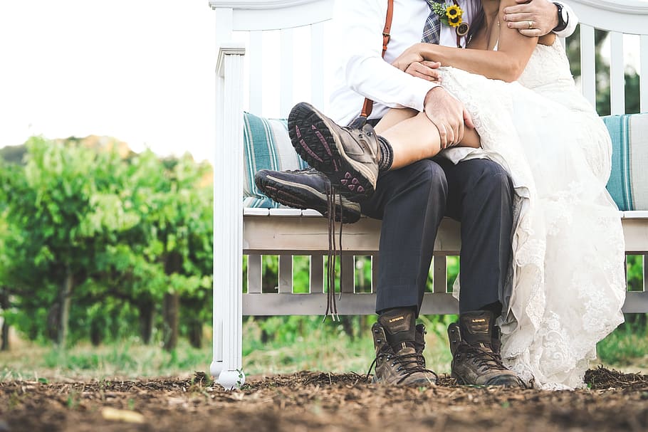woman and man sitting on white wooden bench, Hitched Hike, wedding HD wallpaper