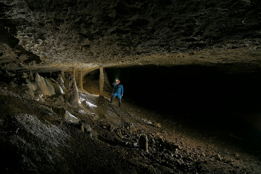 cave, tunnel, concretions, one person, real people, leisure activity HD wallpaper