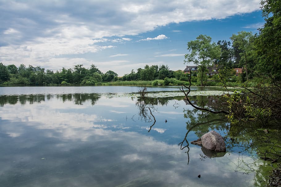 water, lake, clouds, mirroring, forest, bank, summer, rock HD wallpaper