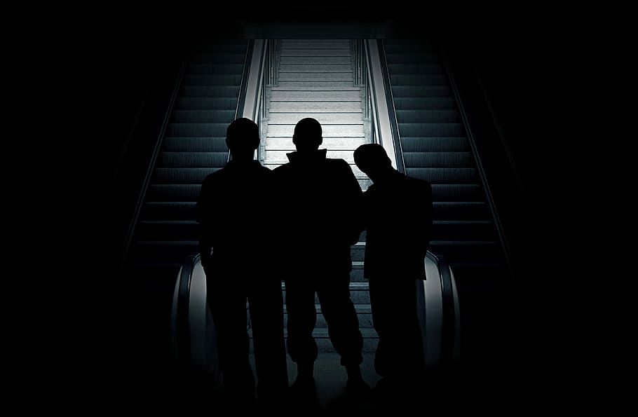 three silhouette of people, group, violent, human, shadow, light