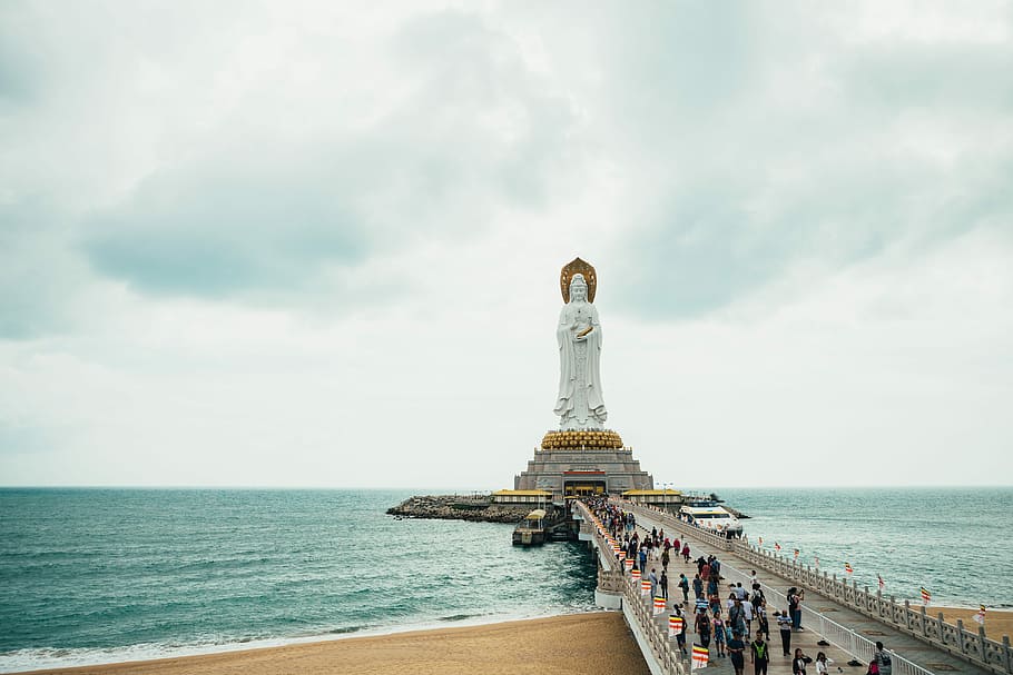 monument of Deity on island, white statue on body of water, building HD wallpaper