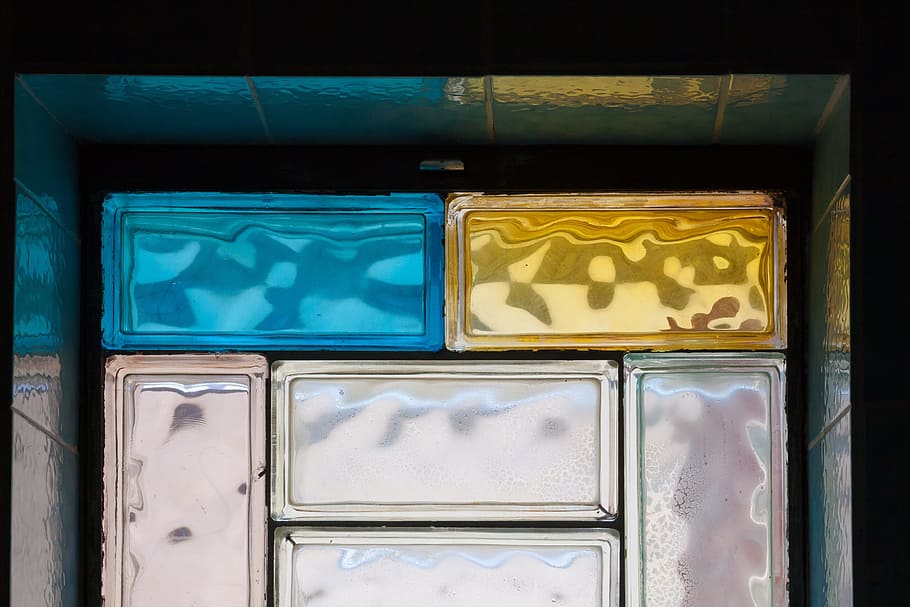 glass blocks, rectangular components, blue, yellow, pink, bad HD wallpaper