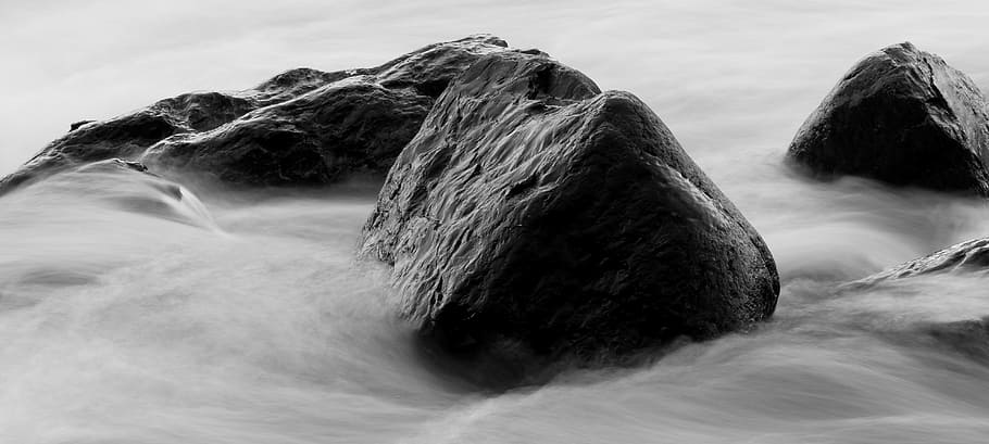 grayscale photo of rock formations, water, stone, river, long exposure HD wallpaper