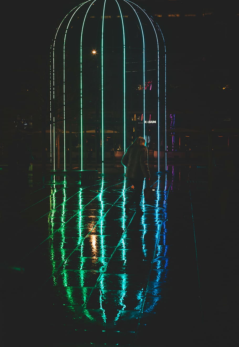 untitled, dark, night, building, light, reflection, people HD wallpaper