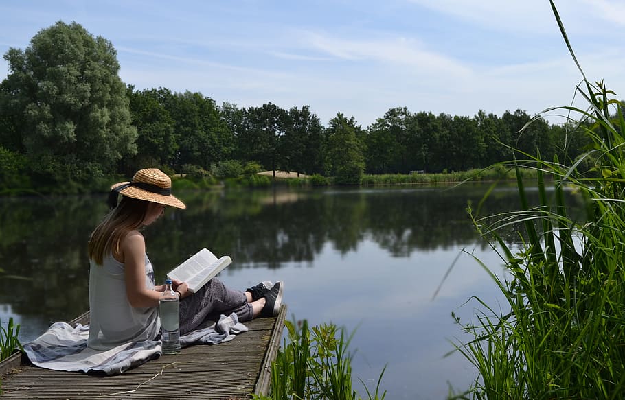 woman reading outdoors, lake, summer, book, girl, water, female HD wallpaper