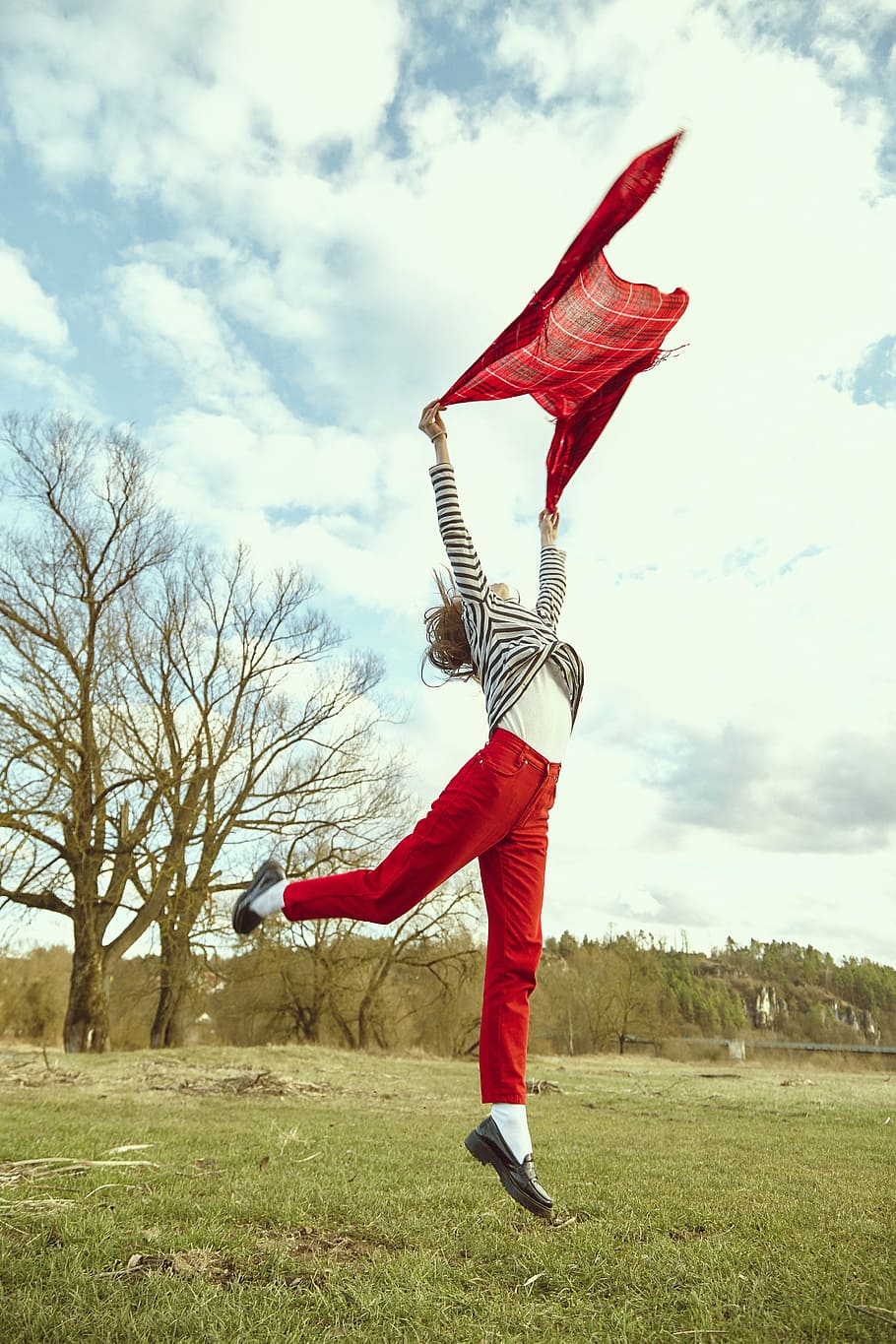 HD wallpaper: woman holding shawl doing jump shot, dom, girl, young ...