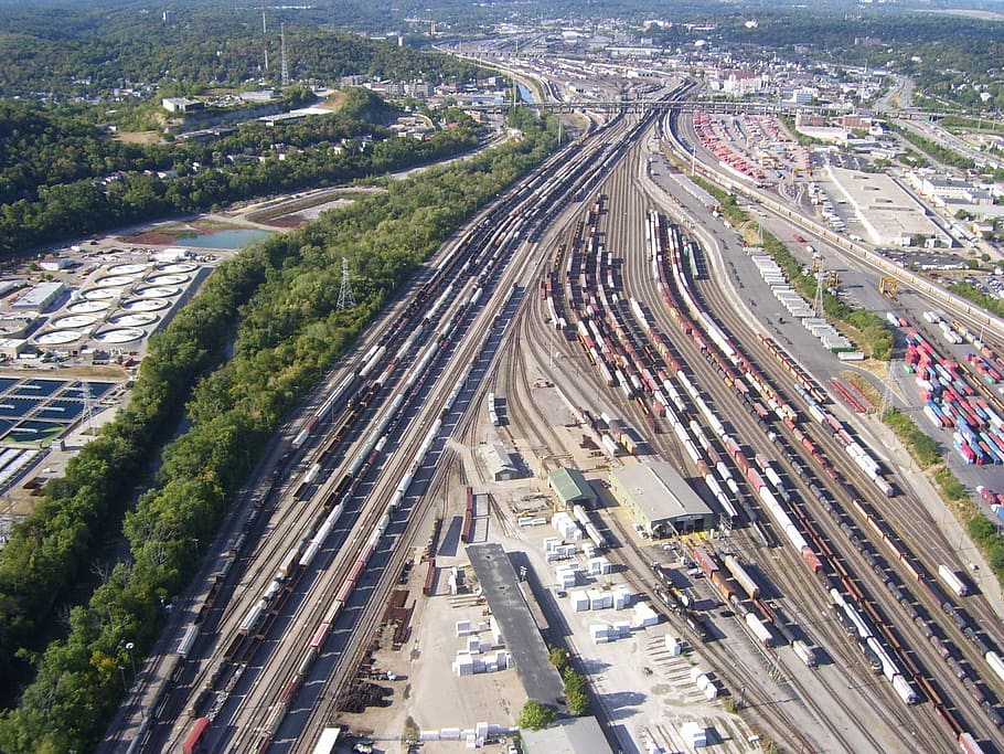 cincinnati, train yard, railway, city, high angle view, transportation HD wallpaper