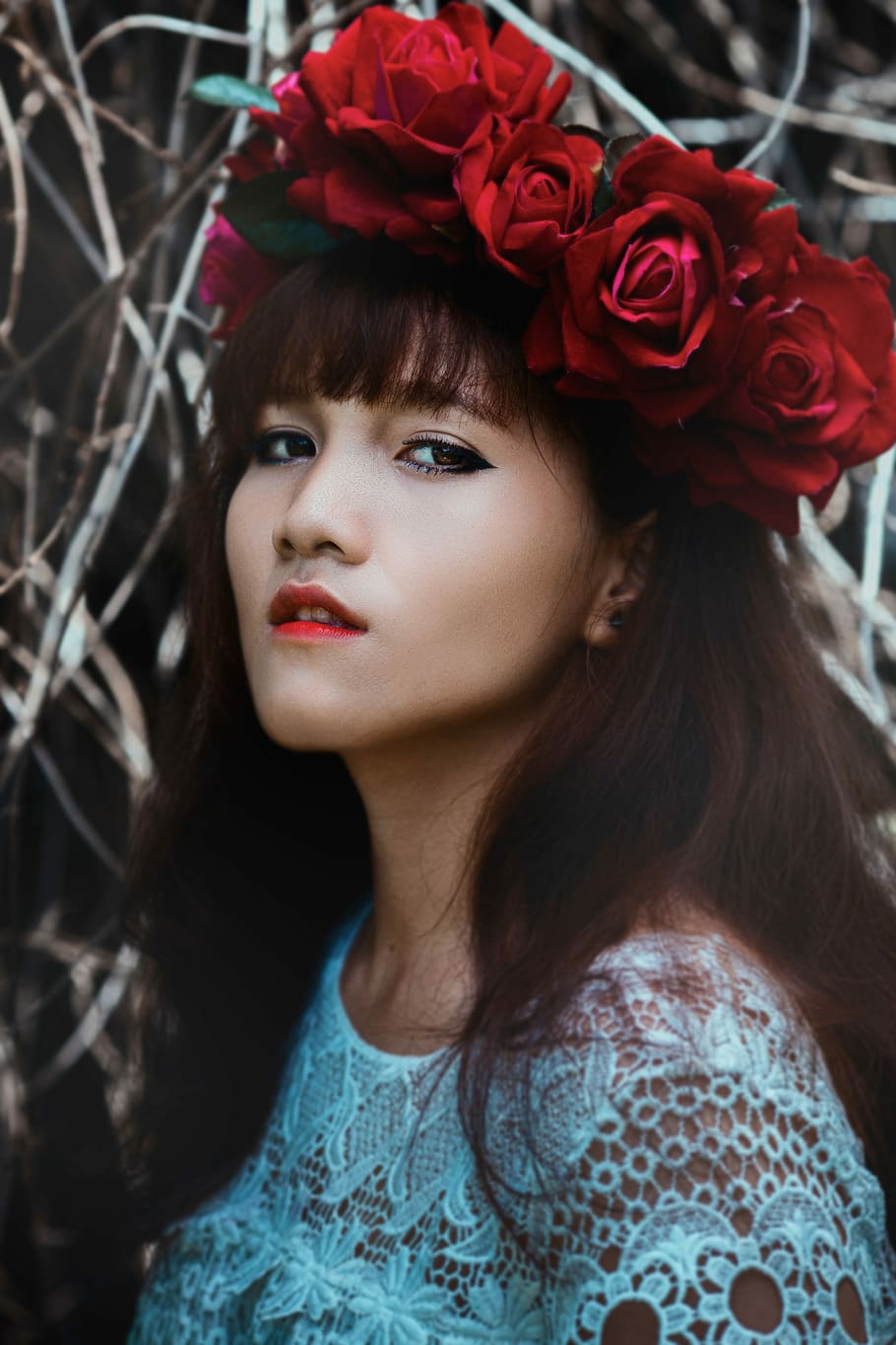 woman wearing red flower crown, woman, female, portrait, asian, crown, flower crown, HD wallpaper