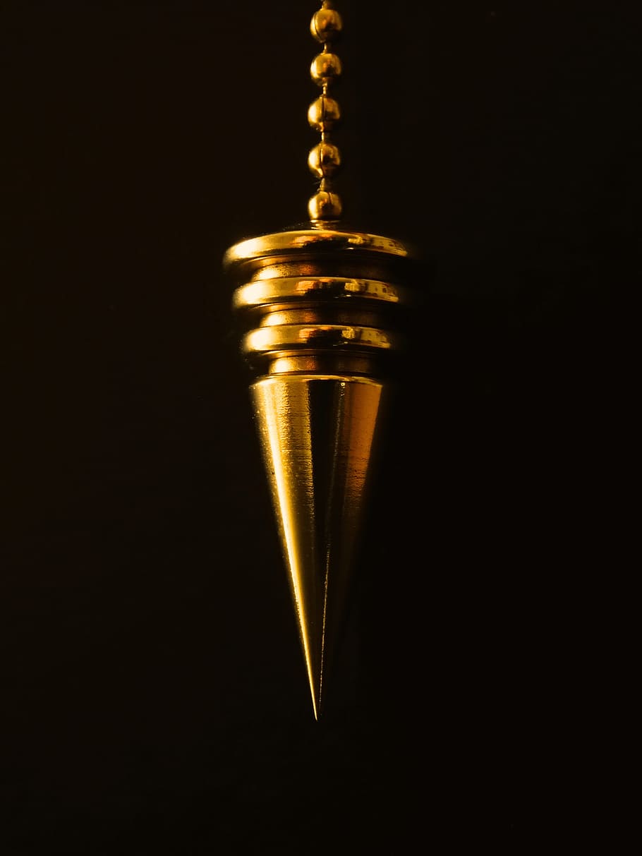 photo of stainless steel cone pedant, pendulum, chain, gold HD wallpaper