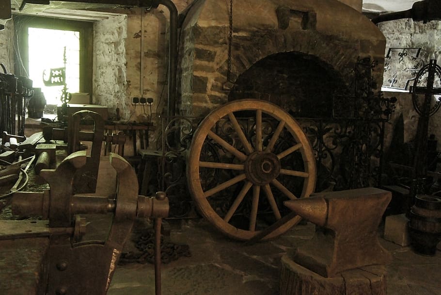 middle ages, forge, workshop, old, castle, wagon wheel, transportation HD wallpaper