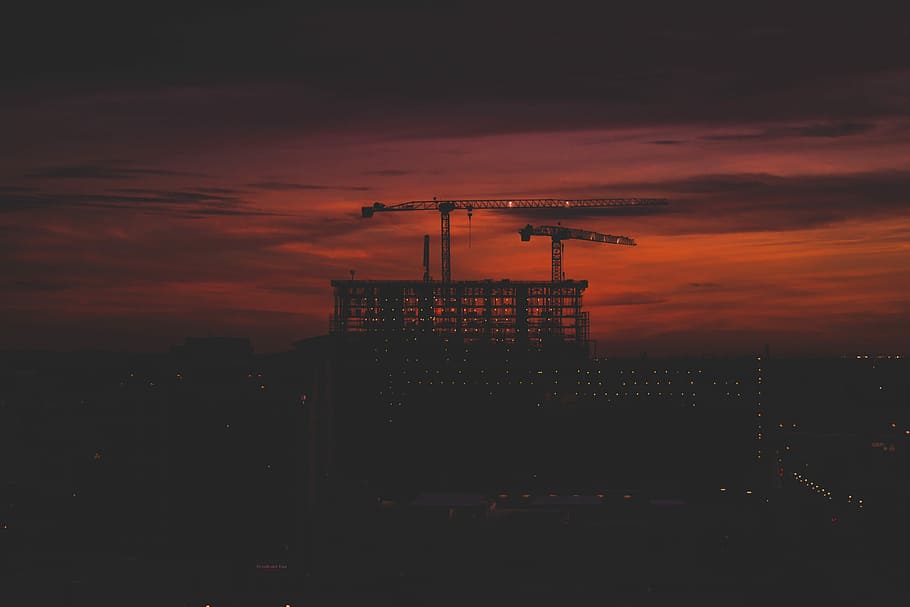 silhouette of highrise building, night, dark, sunset, red, crane HD wallpaper