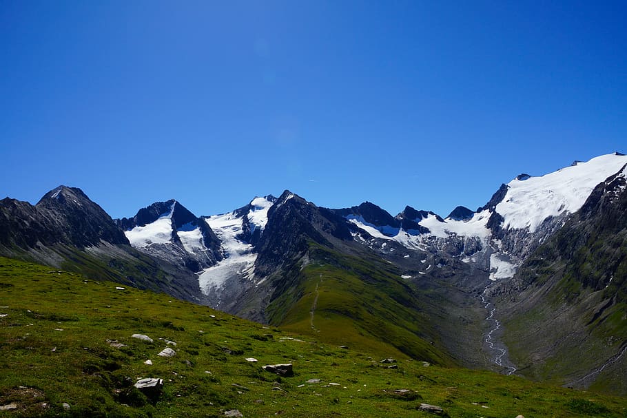 mountains, alpine, austria, sky, blue, mountain meadows, ice HD wallpaper