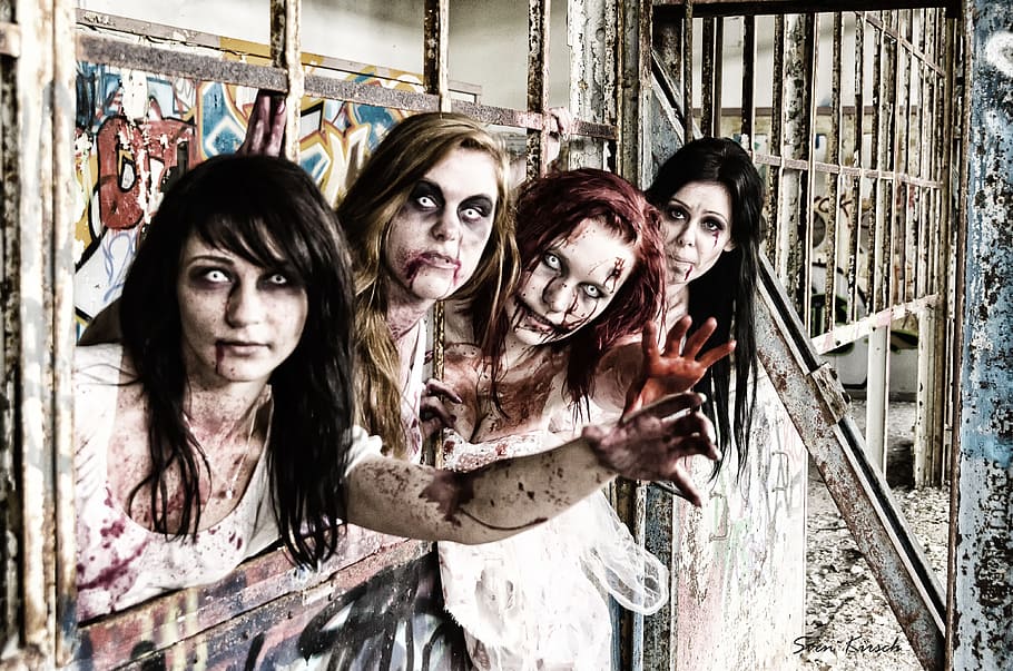 four zombie woman on building ruins, zombies, undead, monster HD wallpaper